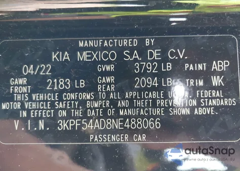 2022 Kia Forte Gt-Line из США, поврежденный, VIN 3KPF54AD8NE488066